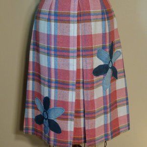 Vintage Plaid Skirt with Jean Flower Embellishment